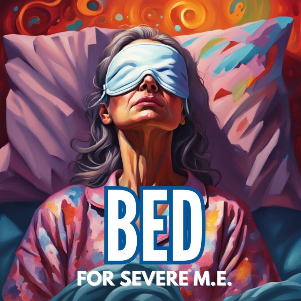 Older woman with grey hair is laid on her bed wearing an eye mask and pyjamas.