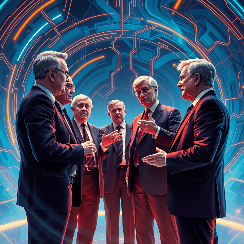 6 politicians are stood up having discussions. The background is blue with tech imagery.