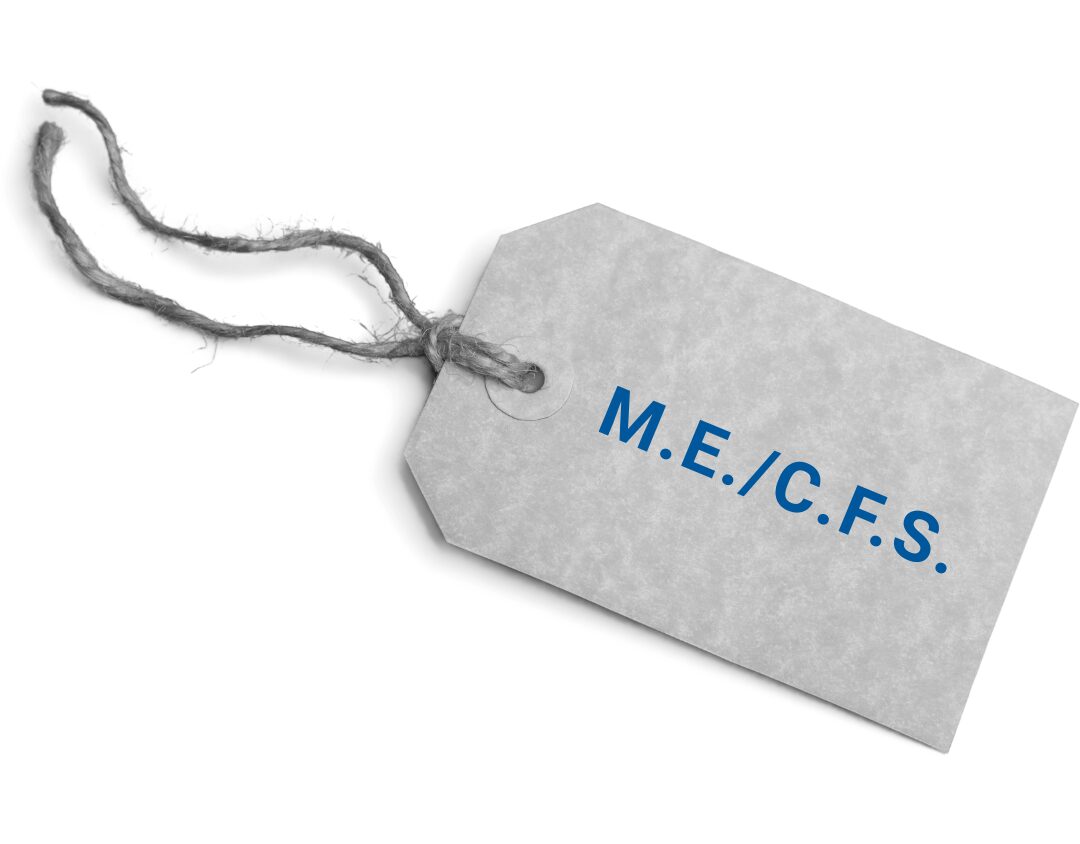 A grey price tag on a white background. On the tag are the letters ME/CFS written in blue.